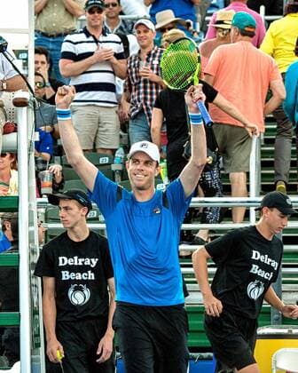 Feb. 21, 2016 - Delray Beach, Florida, US - Smiling SAM QUERREY holds his arms up in victory after winning the singles final title over RAJEEV RAM 6-4, 7-6(6) at the ATP Tennis Herren World Tour Delray Beach Open in Delray Beach, Florida. ATP World Tour Delray Beach Open Singles Final - ZUMAd84_