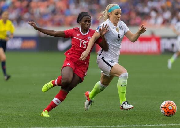 Fußball, Damen, Olympia Quali, USA gewinnt CONCACAF-Finale gegen Kanada 21 February 2016: Canada Forward Nichelle Prince (15) and USA Defender Julie Johnston (8) during the Women s Olympic qualifying soccer final match between Canada and USA at BBVA Compass Stadium in Houston, Texas. (Photograph by Leslie Plaza Johnson Icon Sportswire) SOCCER: FEB 21 Women s Olympic Qualifying - Final - Canada vs USA Icon16022108 EDITORIAL USE ONLY