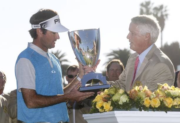 Feb. 21, 2016 - Los Angeles, California, U.S - Bubba Watson receives the trophy after winning on the final round of the PGA Golf Herren Tour Northern Trust Open golf tournament at Riviera Country Club on February 21, 2016, in Los Angeles. Bubba Watson won the Northern Trust Open. Bubba Watson Wins Northern Trust Open - ZUMAc68_