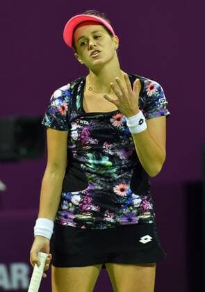 Jana Cepelova of Slovakia reacts during the women s singles match against Jelena Jankovic of Serbia at WTA Tennis Damen Qatar Open 2016 at the International Khalifa Tennis Complex of Doha, Qatar, Feb. 22, 2016. Jelena Jankovic won 2-1. ) (SP)QATAR-DOHA-TENNIS-QATAR OPEN 2016-WOMEN S SINGLES Nikku 