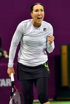 Jelena Jankovic of Serbia reacts during the women s singles match against Jana Cepelova of Slovakia at WTA Tennis Damen Qatar Open 2016 at the International Khalifa Tennis Complex of Doha, Qatar, Feb. 22, 2016. Jelena Jankovic won 2-1. ) (SP)QATAR-DOHA-TENNIS-QATAR OPEN 2016-WOMEN S SINGLES Nikku 