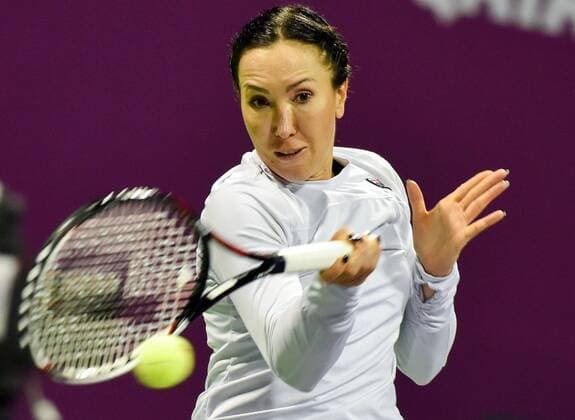 Jelena Jankovic of Serbia returns the ball during the women s singles match against Jana Cepelova of Slovakia at WTA Tennis Damen Qatar Open 2016 at the International Khalifa Tennis Complex of Doha, Qatar, Feb. 22, 2016. Jelena Jankovic won 2-1. ) (SP)QATAR-DOHA-TENNIS-QATAR OPEN 2016-WOMEN S SINGLES Nikku 