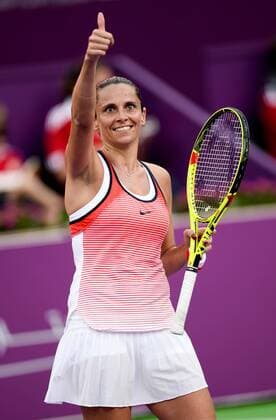 Roberta Vinci of Italy reacts during the women s singles match against Lesia Tsurenko of Ukraine at WTA Tennis Damen Qatar Open 2016 at the International Khalifa Tennis Complex of Doha, Qatar, Feb. 22, 2016. Roberta Vinci won 2-0. ) (SP)QATAR-DOHA-TENNIS-QATAR OPEN 2016-WOMEN S SINGLES Nikku 