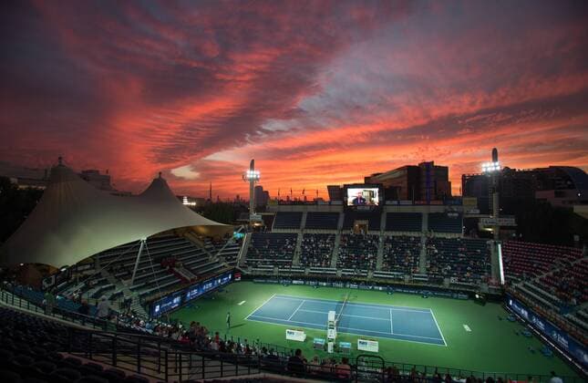 Themen der Woche - Sport Bilder des Tages - SPORT Dubai Tennis Features 2016, Sonnenuntergang ueber Stadion Tennis - Dubai Duty Free Tennis Championships - ATP Tennis Herren - - Dubai - - United Arab Emirates - 23 February 2016.