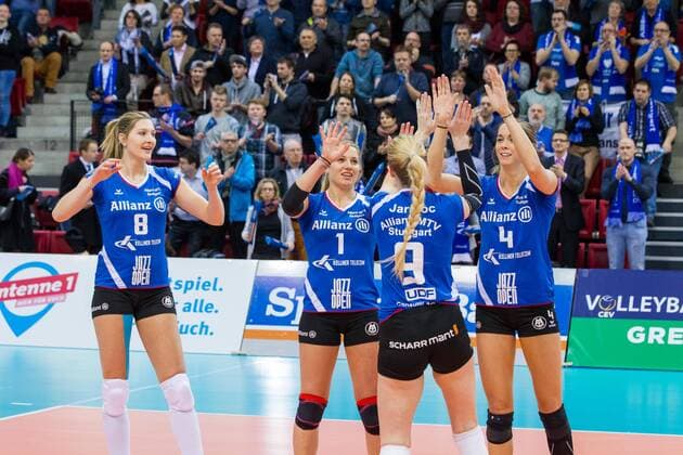 Stuttgart Kaja Grobelna, Jelena Wlk Caroline Jarmoc und Valerie Nicole; 2016 CEV Cup Challenge Round, SCHARRena, Stuttgart Deutschland , 20160223; Allianz MTV Stuttgart vs. Dynamo Krasnodar; Copyright: Wuechnerx xEibner-Pressefoto EP_nwr