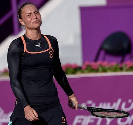 Kateryna Bondarenko of Ukraine reacts during the women s singles second round match against Agnieszka Radwanska of Poland at the WTA Tennis Damen Qatar Open 2016 in Doha, Qatar, Feb. 23, 2016. Radwanska won 2-0. ) (SP)QATAR-DOHA-TENNIS-QATAR OPEN 2016-WOMEN S SINGLES Nikku 
