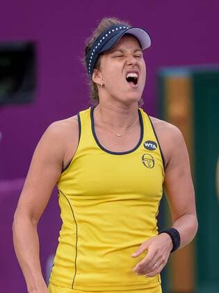 Barbora Strycova of the Czech Republic reacts during the women s singles second round match against Petra Kvitova of the Czech Republic at the WTA Tennis Damen Qatar Open 2016 in Doha, Qatar, Feb. 23, 2016. Kvitova won 2-0. ) (SP)QATAR-DOHA-TENNIS-QATAR OPEN 2016-WOMEN S SINGLES Nikku 