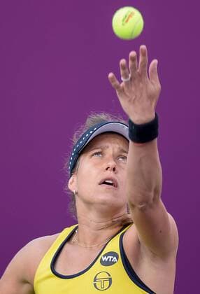 Barbora Strycova of the Czech Republic competes during the women s singles second round match against Petra Kvitova of the Czech Republic at the WTA Tennis Damen Qatar Open 2016 in Doha, Qatar, Feb. 23, 2016. Kvitova won 2-0. ) (SP)QATAR-DOHA-TENNIS-QATAR OPEN 2016-WOMEN S SINGLES Nikku 