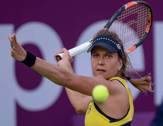 Barbora Strycova of the Czech Republic competes during the women s singles second round match against Petra Kvitova of the Czech Republic at the WTA Tennis Damen Qatar Open 2016 in Doha, Qatar, Feb. 23, 2016. Kvitova won 2-0. ) (SP)QATAR-DOHA-TENNIS-QATAR OPEN 2016-WOMEN S SINGLES Nikku 