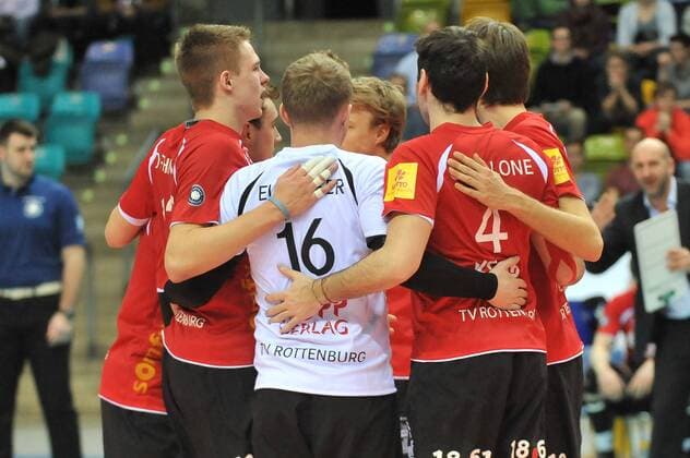24.02.2016, xtkx, Volleyball 1.Bundesliga, United Volleys Frankfurt - TSV Rottenburg, emspor v.l. Johannes Elsaesser (Rottenburg) , Federico Cipollone (Rottenburg) ,