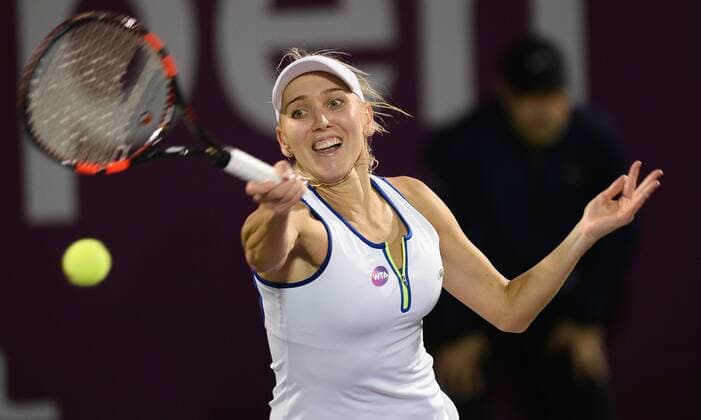 (160225) -- DOHA, Feb. 25, 2016 -- Elena Vesnina of Russia competes during the singles third round match against Caroline Wozniacki of Denmark at the WTA Tennis Damen Qatar Open 2016 in Doha, Qatar, Feb. 24, 2016. Elena Vesnina won 2-1. ) (SP)QATAR-DOHA-TENNIS-WTA QATAR OPEN 2016 Nikku 