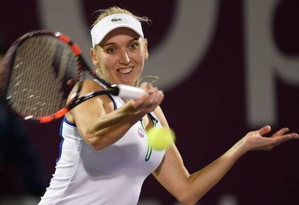 (160225) -- DOHA, Feb. 25, 2016 -- Elena Vesnina of Russia competes during the singles third round match against Caroline Wozniacki of Denmark at the WTA Tennis Damen Qatar Open 2016 in Doha, Qatar, Feb. 24, 2016. Elena Vesnina won 2-1. ) (SP)QATAR-DOHA-TENNIS-WTA QATAR OPEN 2016 Nikku 