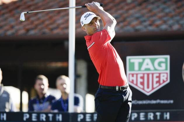 25.02.2016. Perth, Australia. ISPS HANDA Perth International Golf. Robert Dinwiddie (ENG) hits his first shot for the tournament on tee 1 day 1. xActionxPlusxOperationsx  ActionPlus11710802