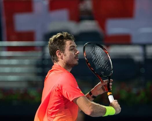 Stan Stanislas Wawrinka (SUI) mit Schweizer Flagge im Hintergrund Tennis - Dubai Duty Free Tennis Championships - ATP Tennis Herren - - Dubai - - United Arab Emirates - 25 February 2016. Â