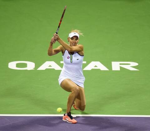 DOHA, Feb. 25, 2016 -- Elena Vesnina of Russia competes during the women s singles quarterfinal match against Carla Suarez Navarro of Spain at the WTA Tennis Damen Qatar Open 2016 in Doha, Qatar, Feb. 25, 2016. Carla Suarez Navarro won 2-0. ) (SP)QATAR-DOHA-TENNIS-WTA QATAR OPEN 2016 Nikku 