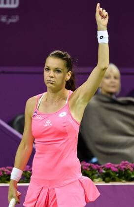 DOHA, Feb. 25, 2016 -- Agnieszka Radwanska of Poland reacts during the women s singles quarterfinal match against Roberta Vinci of Italy at the WTA Tennis Damen Qatar Open 2016 in Doha, Qatar, Feb. 25, 2016. Agnieszka Radwanska won 2-1. ) (SP)QATAR-DOHA-TENNIS-WTA QATAR OPEN 2016 Nikku 