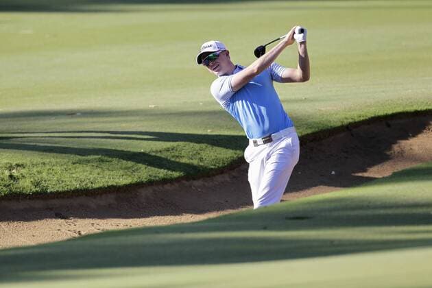 26.02.2016. Perth, Australia. ISPS HANDA Perth International Golf. Ben Eccles (AUS) hits out of the bunker on the 11th fairway during day 2. xDavidxWoodleyx  ActionPlus11711138