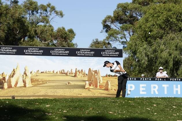26.02.2016. Perth, Australia. ISPS HANDA Perth International Golf. Lucas Herbert (AUS) plays off the 12th par 3 tee during day 2. xDavidxWoodleyx  ActionPlus11711161