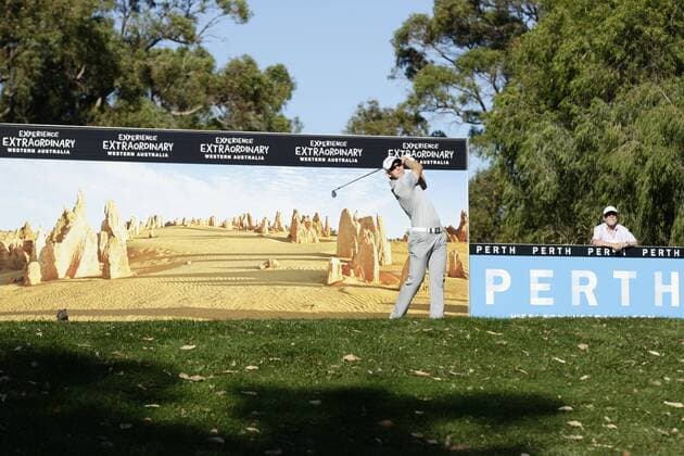 26.02.2016. Perth, Australia. ISPS HANDA Perth International Golf. Joachim B Hansen (DEN) plays off the 12th par 3 tee during day 2. xDavidxWoodleyx  ActionPlus11711162