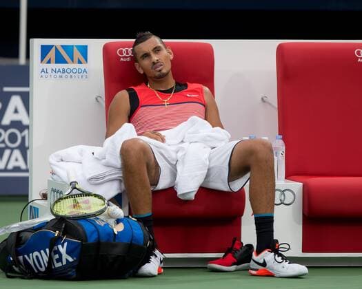 Nick Kyrgios (AUS) sitzt auf der Bank waehrend der Spielpause, Enttaeuschung,Emotion, Tennis - Dubai Duty Free Tennis Championships - ATP Tennis Herren - - Dubai - - United Arab Emirates - 26 February 2016. Â