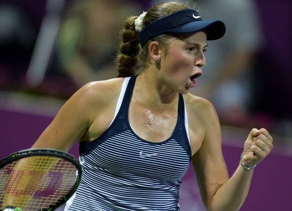 (160227) -- DOHA, Feb. 26, 2016 -- Jelena Ostapenko of Latvia celebrates during the women s singles semi-final match against Andrea Petkovic of Germany at the WTA Tennis Damen Qatar Total Open 2016 in Doha, Qatar Feb. 26, 2016. Jelena Ostapenko won 7-5, 1-0 after Andrea Petkovic abandoned due to an injury. ) (SP)QATAR-DOHA-TENNIS-WTA QATAR OPEN 2016 Nikku 