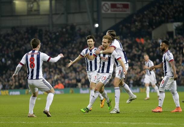 Craig Dawson (centre) celebrates scoring the second goal of the game for West Bromwich Albion - Football - Barclays Premier League - West Bromwich Albion vs Crystal Palace - The Hawthorns West Bromwich - Season 2015 2016 - 27th February 2016 - Photo Malcolm Couzens Sportimage EDITORIAL USE ONLY. No use with unauthorised audio, video, data, fixture lists, club league logos or live services. Online in-match use limited to 120 images, no video emulation. No use in betting, games or single club league player publications.