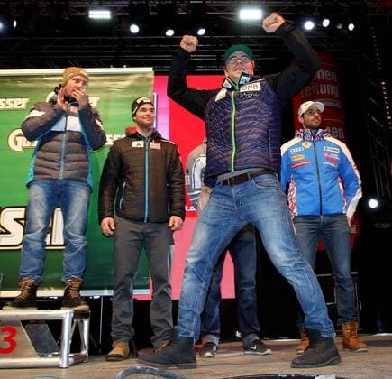 ALPINE SKIING - FIS WC Hinterstoder HINTERSTODER,AUSTRIA,27.FEB.16 - ALPINE SKIING - FIS World Cup, Super G, men. Image shows Marcel Hirscher, Vincent Kriechmayr (AUT), Aleksander Aamodt Kilde (NOR) and Adrien Theaux (FRA), award ceremony. GEPAxpictures xM.xOberlaender