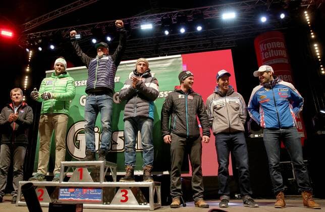 ALPINE SKIING - FIS WC Hinterstoder HINTERSTODER,AUSTRIA,27.FEB.16 - ALPINE SKIING - FIS World Cup, Super G, men. Image shows Bostjan Kline (SLO), Aleksander Aamodt Kilde (NOR), Marcel Hirscher (AUT), Vincent Kriechmayr (AUT), Carlo Janka (SUI) and Adrien Theaux (FRA). Keywords: Stoeckli, award ceremony. GEPAxpictures xM.xOberlaender