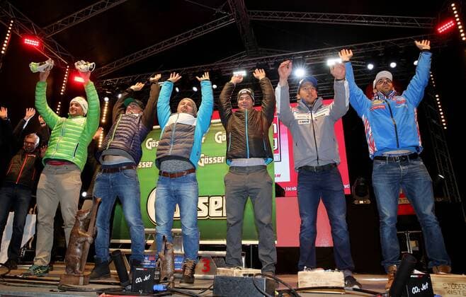 ALPINE SKIING - FIS WC Hinterstoder HINTERSTODER,AUSTRIA,27.FEB.16 - ALPINE SKIING - FIS World Cup, Super G, men. Image shows Bostjan Kline (SLO), Aleksander Aamodt Kilde (NOR), Marcel Hirscher (AUT), Vincent Kriechmayr (AUT), Carlo Janka (SUI) and Adrien Theaux (FRA). Keywords: Stoeckli, award ceremony. GEPAxpictures xM.xOberlaender