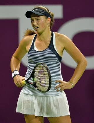 Jelena Ostapenko of Latvia reacts during women s singles final against Carla Suarez Navarro of Spain in the at the WTA Tennis Damen Qatar Total Open 2016 at the International Khalifa Tennis Complex Doha, Qatar February 27, 2016. Carla Suarez Navarro won 2-1 and claimed the title. ) (SP)QATAR-DOHA-TENNIS-WTA QATAR OPEN 2016 Nikku 