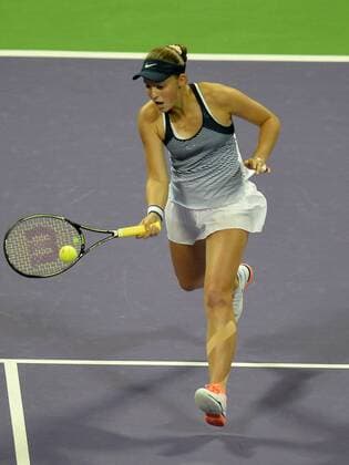 Jelena Ostapenko of Latvia returns ball during women s singles final against Carla Suarez Navarro of Spain in the at the WTA Tennis Damen Qatar Total Open 2016 at the International Khalifa Tennis Complex Doha, Qatar February. 27, 2016. Carla Suarez Navarro won 2-1 and claimed the title. ) (SP)QATAR-DOHA-TENNIS-WTA QATAR OPEN 2016 Nikku 