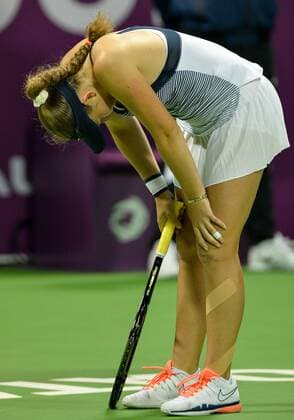 Jelena Ostapenko of Latvia reacts during women s singles final against Carla Suarez Navarro of Spain in the at the WTA Tennis Damen Qatar Total Open 2016 at the International Khalifa Tennis Complex Doha, Qatar February 27, 2016. Carla Suarez Navarro won 2-1 and claimed the title. ) (SP)QATAR-DOHA-TENNIS-WTA QATAR OPEN 2016 Nikku 