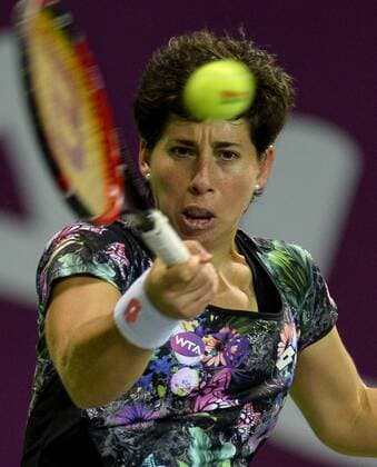 Carla Suarez Navarro of Spain returns the ball during women s singles final against Jelena Ostapenko of Latvia in the at the WTA Tennis Damen Qatar Total Open 2016 at the International Khalifa Tennis Complex Doha, Qatar February 27, 2016. Carla Suarez Navarro won 2-1 and claimed the title. ) (SP)QATAR-DOHA-TENNIS-WTA QATAR OPEN 2016 Nikku 