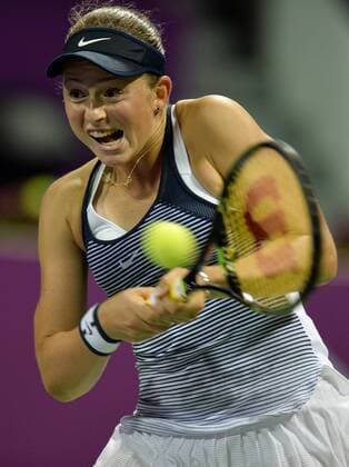 Jelena Ostapenko of Latvia returns ball during women s singles final against Carla Suarez Navarro of Spain in the at the WTA Tennis Damen Qatar Total Open 2016 at the International Khalifa Tennis Complex Doha, Qatar February 27, 2016. Carla Suarez Navarro won 2-1 and claimed the title. ) (SP)QATAR-DOHA-TENNIS-WTA QATAR OPEN 2016 Nikku 