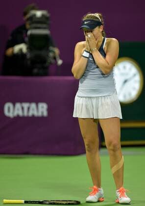 Jelena Ostapenko of Latvia reacts during women s singles final against Carla Suarez Navarro of Spain in the at the WTA Tennis Damen Qatar Total Open 2016 at the International Khalifa Tennis Complex Doha, Qatar February 27, 2016. Carla Suarez Navarro won 2-1 and claimed the title. ) (SP)QATAR-DOHA-TENNIS-WTA QATAR OPEN 2016 Nikku 