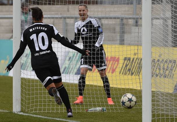 28.02.2016, xjhx, Fussball 1.Bundesliga Damen, 1.FFC Frankfurt - 1.FC Koeln, emspor, v.l. Dzsenifer Marozsan (1.FFC Frankfurt), Ana-Maria Crnogorcevic (1.FFC Frankfurt) celebrate the goal, Torjubel zum 1:0