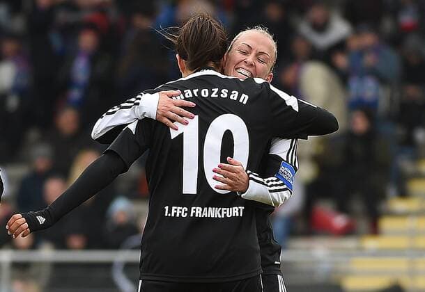 28.02.2016, xjhx, Fussball 1.Bundesliga Damen, 1.FFC Frankfurt - 1.FC Koeln, emspor, v.l. Dzsenifer Marozsan (1.FFC Frankfurt), Mandy Islacker (1.FFC Frankfurt) celebrate the goal, Torjubel zum 2:0