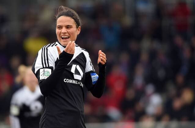 28.02.2016, xjhx, Fussball 1.Bundesliga Damen, 1.FFC Frankfurt - 1.FC Koeln, emspor, v.l. Dzsenifer Marozsan (1.FFC Frankfurt) celebrate the goal, Torjubel zum 2:0