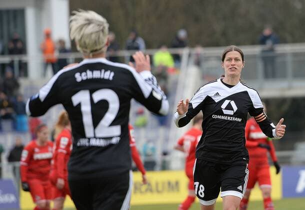 28.02.2016, xjhx, Fussball 1.Bundesliga Damen, 1.FFC Frankfurt - 1.FC Koeln, emspor, v.l. Sophie Schmidt (1.FFC Frankfurt), Kerstin Garefrekes (1.FFC Frankfurt) celebrate the goal, Torjubel zum 4:0