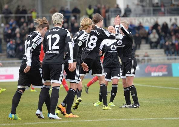 28.02.2016, xjhx, Fussball 1.Bundesliga Damen, 1.FFC Frankfurt - 1.FC Koeln, emspor, v.l. Kerstin Garefrekes (1.FFC Frankfurt) celebrate the goal, Torjubel zum 4:0