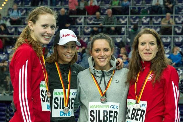63. Deutsche Hallenmeisterschaften; Leipzig, 28.02.2016 Janina Koelsch (LC Paderborn), Tatjana Pinto (LC Paderborn), Josefina Elsler (LC Paderborn) und Inna Trimm (LC Paderborn) (v.l.), 63. Deutsche Hallenmeisterschaften am 28.02.2016 in der Arena Leipzig, Leipzig (Deutschland). xdfx