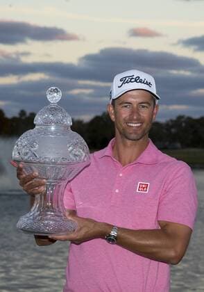 28 February 2016: Adam Scott smiles as he holds the trophy after winning the final round of the Honda Classic at the PGA Golf Herren National Resort & Spa in Palm Beach Gardens, FL. (Photo by Doug Murray Icon Sportswire) GOLF: FEB 28 PGA - The Honda Classic - Final Round Icon796160228010 EDITORIAL USE ONLY