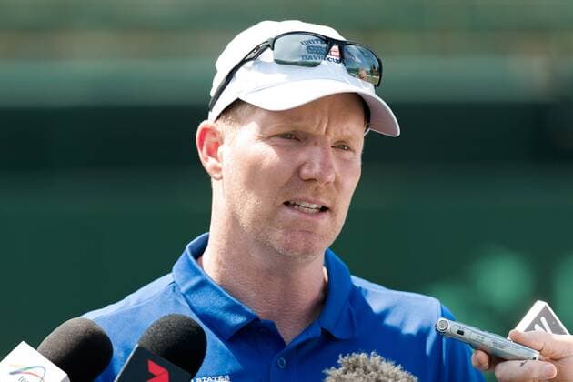 February 29, 2016: Jim Courier captain of the USA team speaks to the media at a practise session ahead of the BNP Paribas Davis Cup World Group first round tie between Australia and USA at Kooyong tennis club in Melbourne, Australia. Tennis 2016: Davis Cup Practise - ZUMAc04_