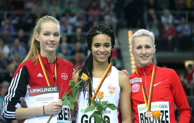 Leichtathletik, Siegerehrungen - Deutsche Hallenmeisterschaft in Leipzig Leipzig, Leichtathletik, athletics, Track and Field, Deutsche Hallenmeisterschaften Leipzig 2016, 27-28.02.2016, LeipzigArena, Leipzig, Katharina Mögenburg, TSV bayer 04 Leverkusen, Marie Laurence Jungfleisch, VFB Stuttgart, Ariane Friedrich , LG Eintracht FRankfurt, Siegerehrung, Hochsprung Frauen