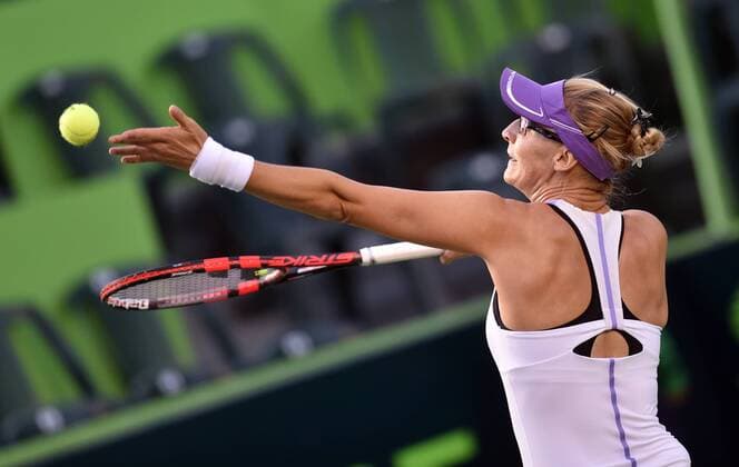 Croatian Mirjana Lucic returns the ball to German Tatjana Maria during a match in the first day of the Monterrey Open in Mexico, on 29 February 2016. Monterrey Open !ACHTUNG: NUR REDAKTIONELLE NUTZUNG!  MEX01 20160301-635923938331790175