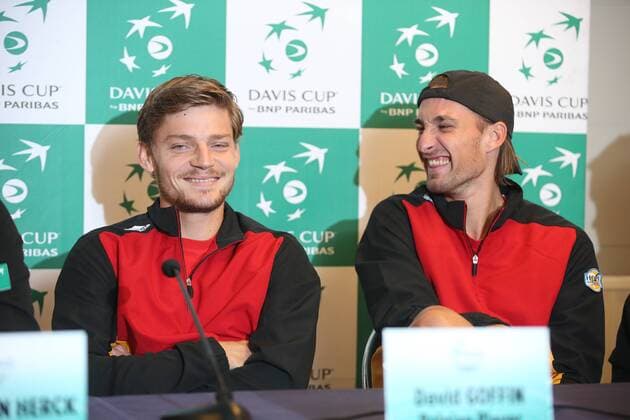 Belgian David Goffin and Belgian Ruben Bemelmans pictured during a press conference PK Pressekonferenz of the Belgian team on the Davis Cup first round World Group meeting between Belgium and Croatia, Tuesday 01 March 2016, in Liege. The first round will be played from 04 to 06 March 2016 in Liege. BRUNOxFAHY  x04802508x