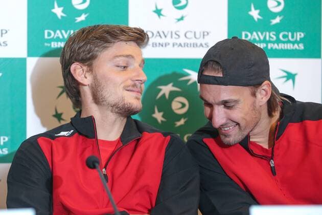 Belgian David Goffin and Belgian Ruben Bemelmans pictured during a press conference PK Pressekonferenz of the Belgian team on the Davis Cup first round World Group meeting between Belgium and Croatia, Tuesday 01 March 2016, in Liege. The first round will be played from 04 to 06 March 2016 in Liege. BRUNOxFAHY  x04802510x