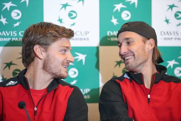 Belgian David Goffin and Belgian Ruben Bemelmans pictured during a press conference PK Pressekonferenz of the Belgian team on the Davis Cup first round World Group meeting between Belgium and Croatia, Tuesday 01 March 2016, in Liege. The first round will be played from 04 to 06 March 2016 in Liege. BRUNOxFAHY  x04802511x