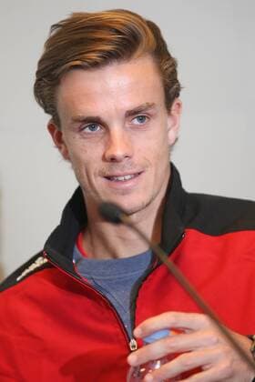 Belgian Arthur De Greef pictured during a press conference PK Pressekonferenz of the Belgian team on the Davis Cup first round World Group meeting between Belgium and Croatia, Tuesday 01 March 2016, in Liege. The first round will be played from 04 to 06 March 2016 in Liege. BRUNOxFAHY  x04802521x