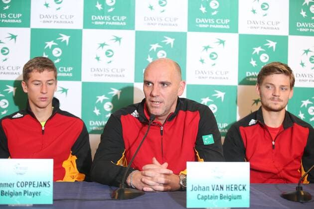 Belgian Kimmer Coppejans, Davis Cup captain Johan Van Herck, Belgian David Goffin and pictured during a press conference PK Pressekonferenz of the Belgian team on the Davis Cup first round World Group meeting between Belgium and Croatia, Tuesday 01 March 2016, in Liege. The first round will be played from 04 to 06 March 2016 in Liege. BRUNOxFAHY  x04802578x